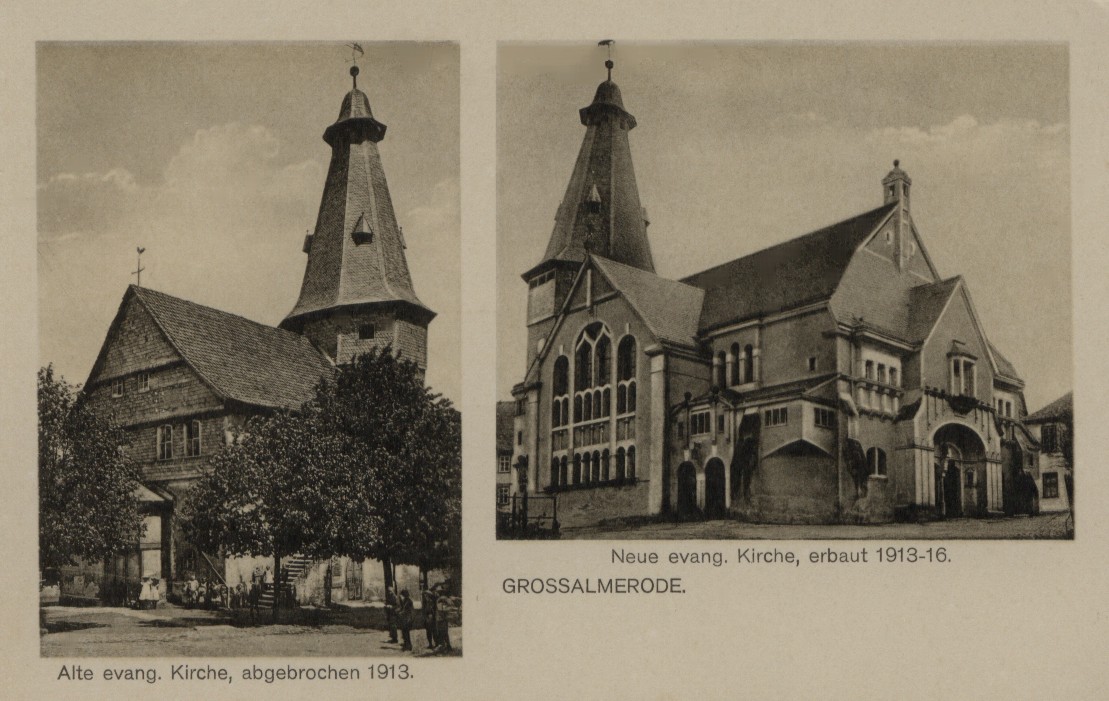Historischer Vergleich: Alte Fachwerkkirche von 1735 und Neubau 1913-1916