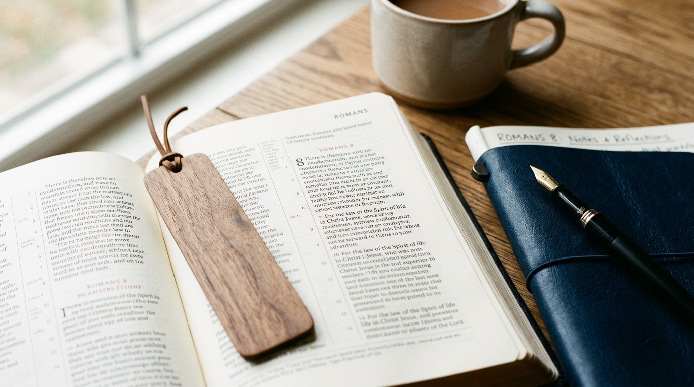 Nahaufnahme einer aufgeschlagenen Bibel mit Lesezeichen und Füllfederhalter