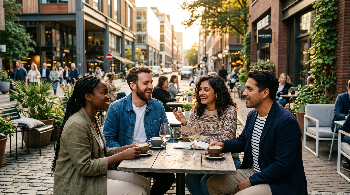 Moderne Menschen im Gespräch in einem Straßencafé