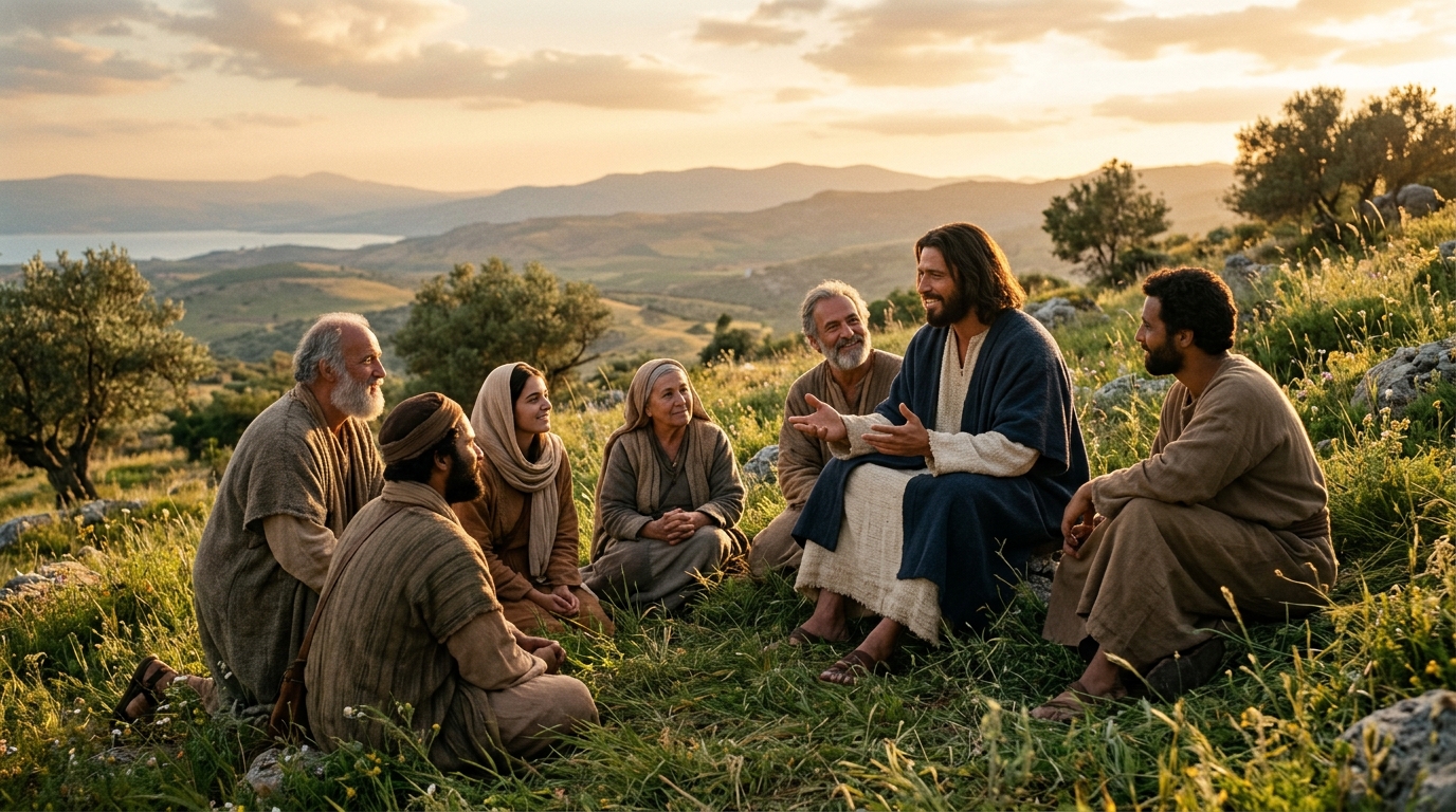 Jesus im Gespräch mit einer Gruppe von Menschen am Berghang
