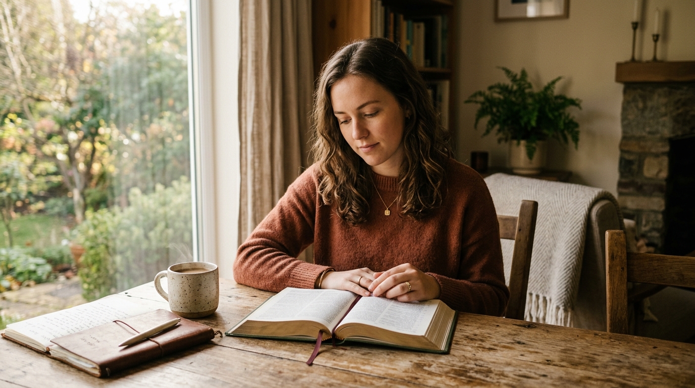 Person liest in einer modernen Bibel an einem Holztisch mit Notizen
