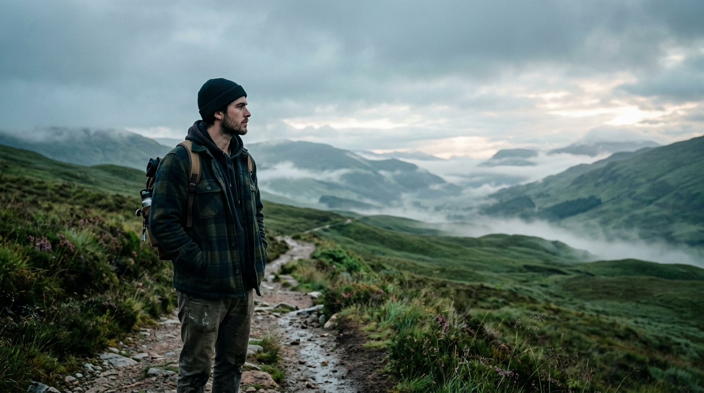 Nachdenkliche Person auf einem Wanderweg im Morgennebel